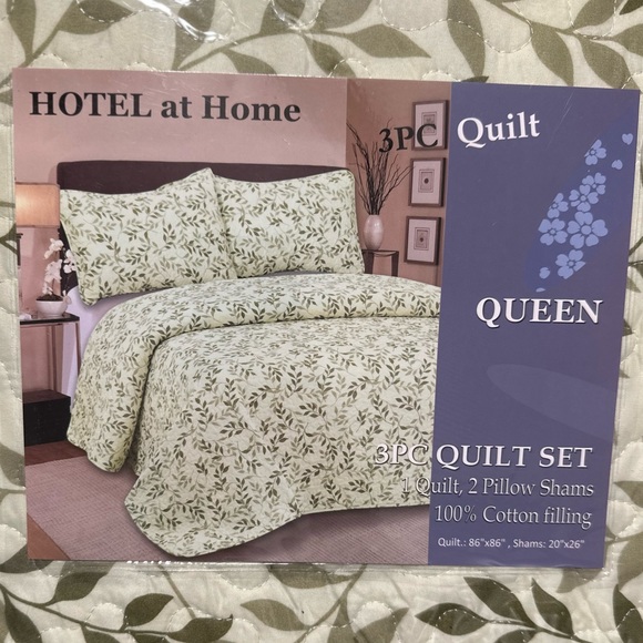 HOTEL at Home 3 PC  QUEEN QUILT SET green leaf floral - Picture 5 of 6